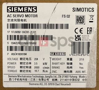 SIMOTICS S AC SERVO MOTOR 3.5KW - 1FL6092-1AC61-2LH1